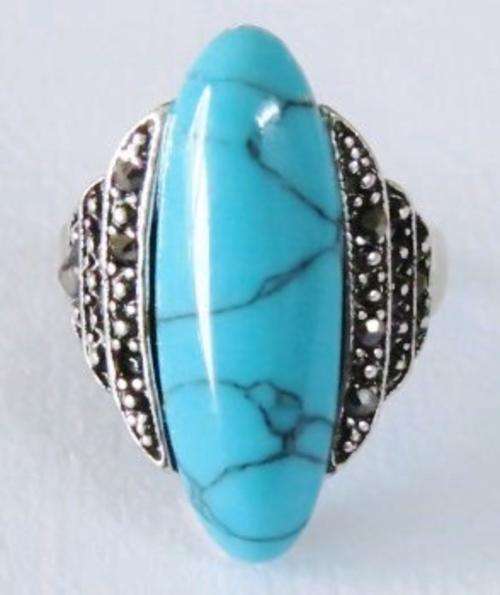 Silver tone fashion ring with turquoise and marcasite (Size 10)
