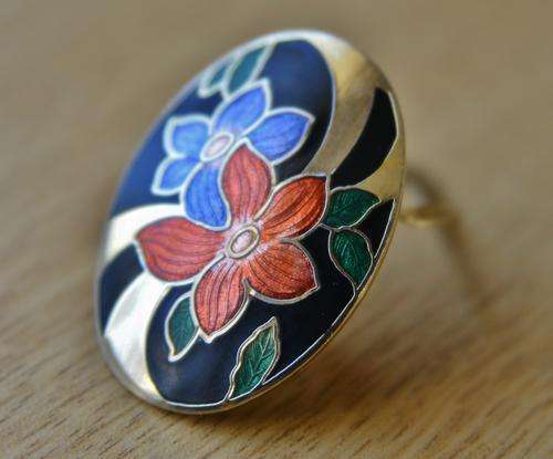 Vintage gold tone scarf clip with floral cloisonne decoration