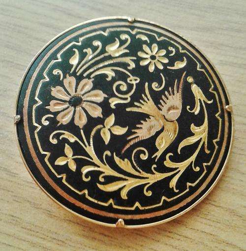 Vintage Damascene gold tone bird and flowers brooch pin