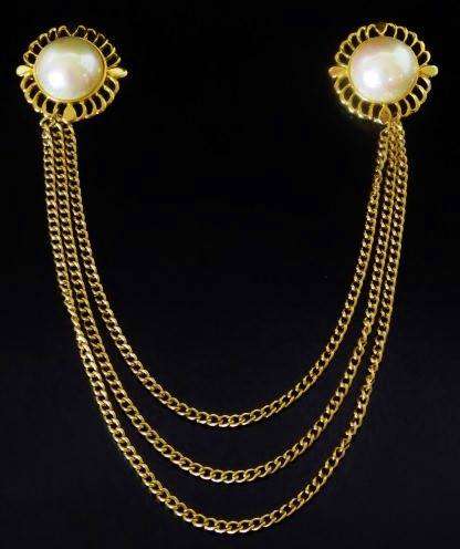 Vintage gold tone faux pearl double brooch pin connected with three chains