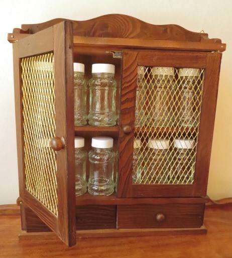Vintage Japanese made wooden spice rack with drawers and glass bottles