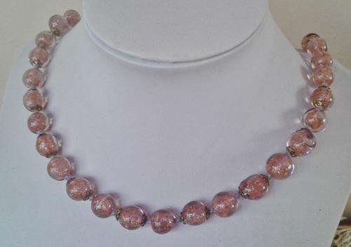 Vintage Venetian Murano Italian Art dusty pink glass bead necklace with brass end caps