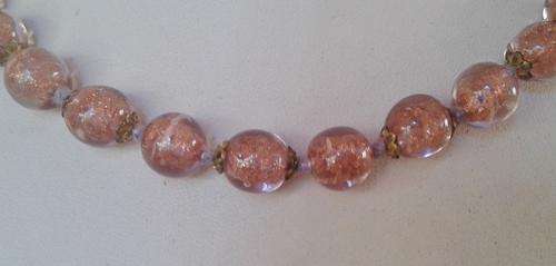 Vintage Venetian Murano Italian Art dusty pink glass bead necklace with brass end caps