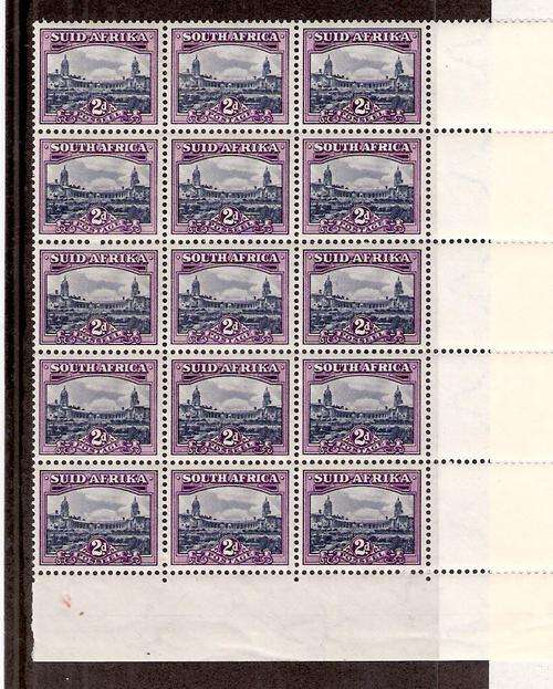 2d SMALL UNION BUILDINGS  ISSUE 17 BOTTOM LEFT CORNER BLOCK OF 15 WITH VARV25