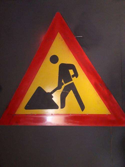 BIG TRIANGLE RED AND YELLOW ROADWORKS SIGN MANCAVE ITEM!  UP ON AUCTION !