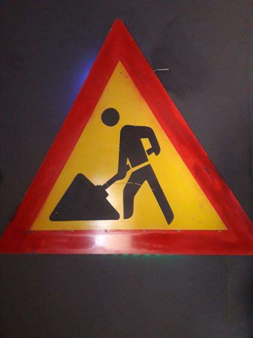 BIG TRIANGLE RED AND YELLOW ROADWORKS SIGN MANCAVE ITEM!  UP ON AUCTION !