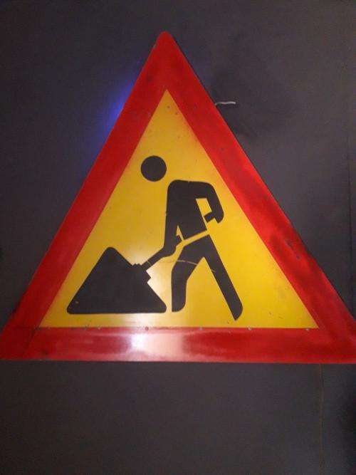 BIG TRIANGLE RED AND YELLOW ROADWORKS SIGN MANCAVE ITEM!  UP ON AUCTION !