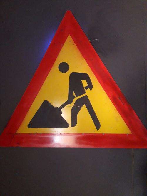 BIG TRIANGLE RED AND YELLOW ROADWORKS SIGN MANCAVE ITEM!  UP ON AUCTION !