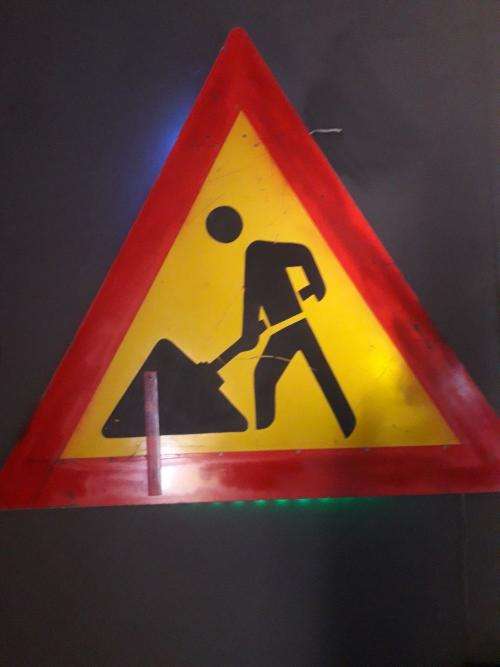 BIG TRIANGLE RED AND YELLOW ROADWORKS SIGN MANCAVE ITEM!  UP ON AUCTION !