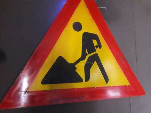 BIG TRIANGLE RED AND YELLOW ROADWORKS SIGN MANCAVE ITEM!  UP ON AUCTION !
