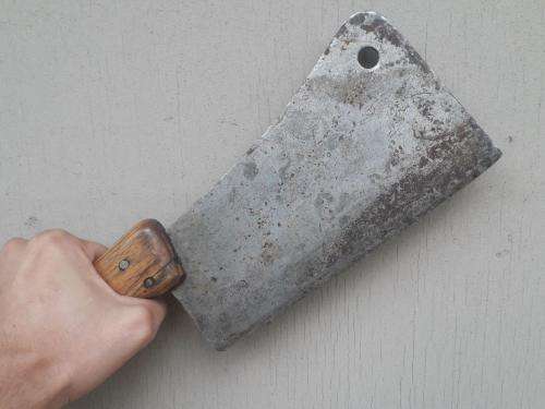 RARE ! ANTIQUE INTALICUS PREMANA WOODEN AND STEEL BUTCHERS BLADE UP FOR GRABS !