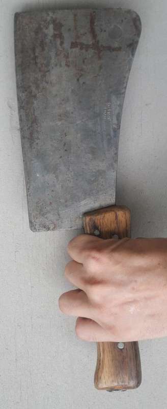 RARE ! ANTIQUE INTALICUS PREMANA WOODEN AND STEEL BUTCHERS BLADE UP FOR GRABS !