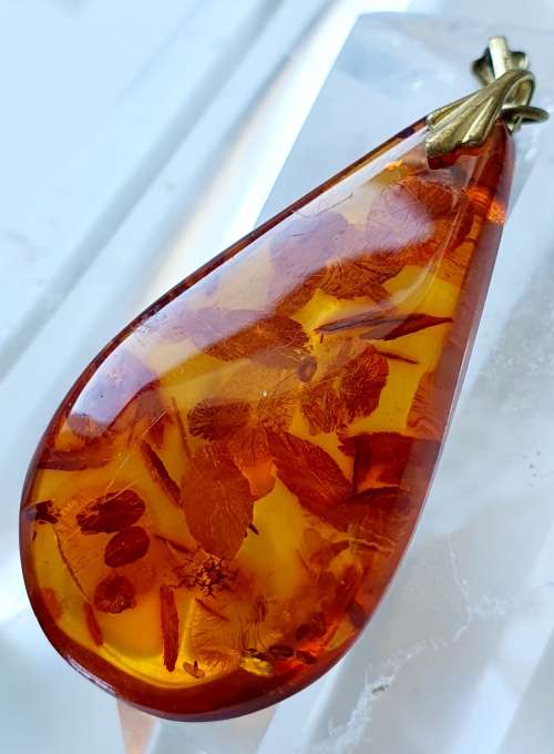 Stunning Art Deco -  Gold Double Eyelet - Antique Large Amber Tear Drop Pendant - 4.8 x 2.6 x 1.0