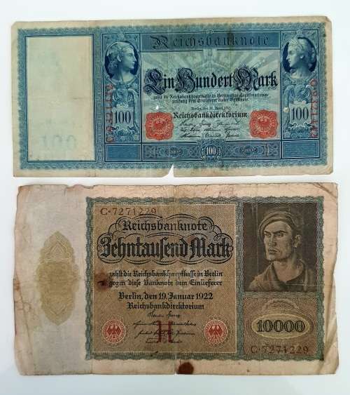 2 X EXTREMELY OLD DEUTSCHE REICHSBANK NOTE 100 and 10.000 MARK, BERLIN 1910 and 1922