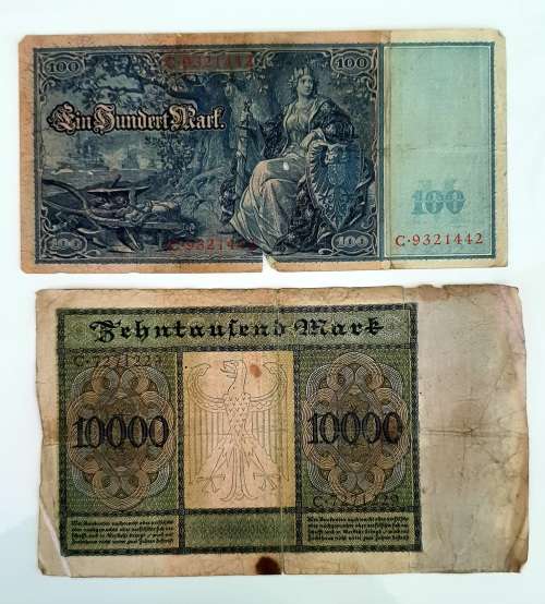 2 X EXTREMELY OLD DEUTSCHE REICHSBANK NOTE 100 and 10.000 MARK, BERLIN 1910 and 1922