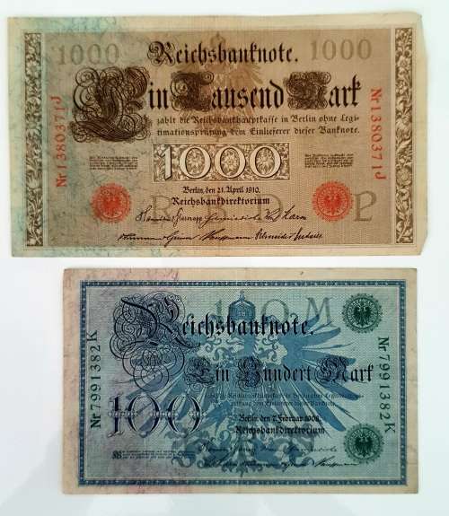 2 X EXTREMELY OLD DEUTSCHE REICHSBANK NOTE 100 and 1.000 MARK, BERLIN 1910 and 1908