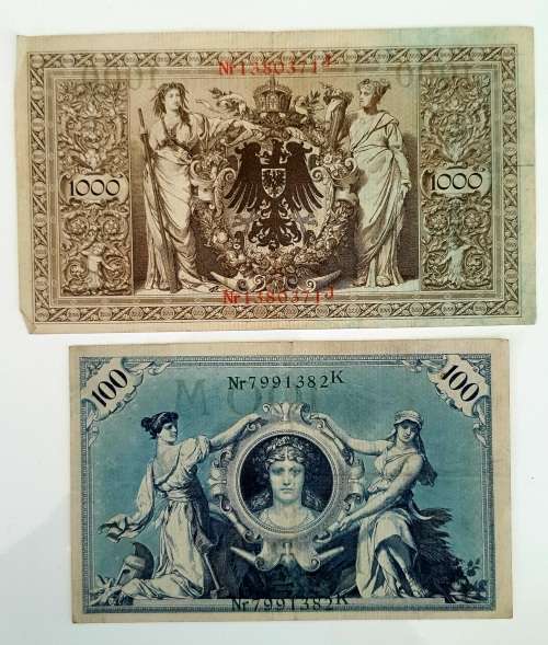 2 X EXTREMELY OLD DEUTSCHE REICHSBANK NOTE 100 and 1.000 MARK, BERLIN 1910 and 1908