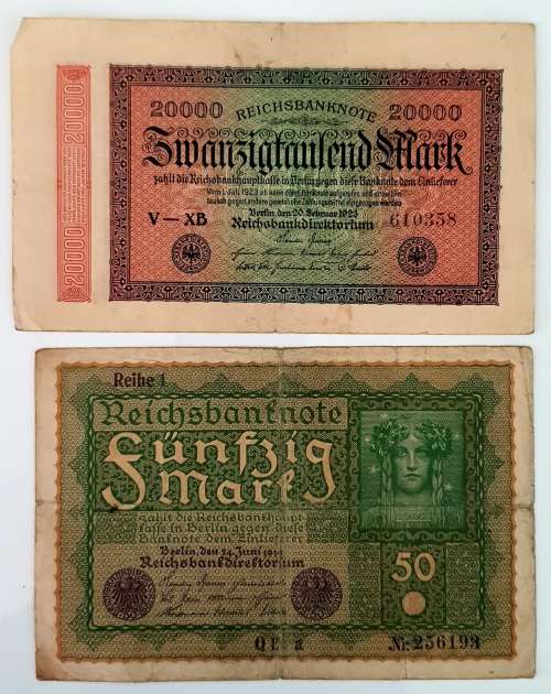 2 X EXTREMELY OLD DEUTSCHE REICHSBANK NOTE 20.000 and 50 MARK, BERLIN 1923 and 1910