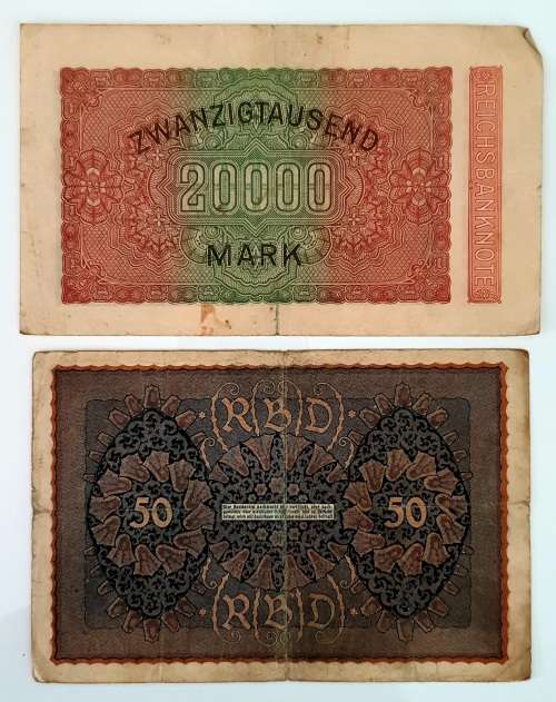 2 X EXTREMELY OLD DEUTSCHE REICHSBANK NOTE 20.000 and 50 MARK, BERLIN 1923 and 1910