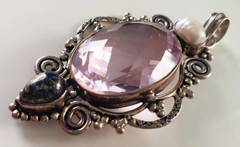 925 SILVER - LARGE PENDANT - ART DECO DESIGN - MASSIVE QUARZ - REAL PEARL AND GEM STONE