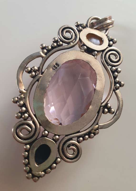925 SILVER - LARGE PENDANT - ART DECO DESIGN - MASSIVE QUARZ - REAL PEARL AND GEM STONE