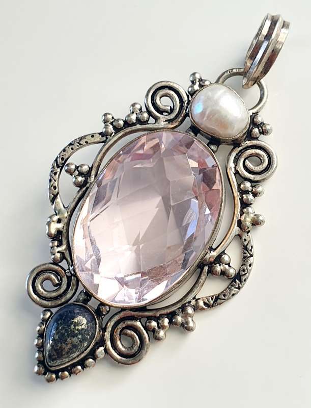 925 SILVER - LARGE PENDANT - ART DECO DESIGN - MASSIVE QUARZ - REAL PEARL AND GEM STONE