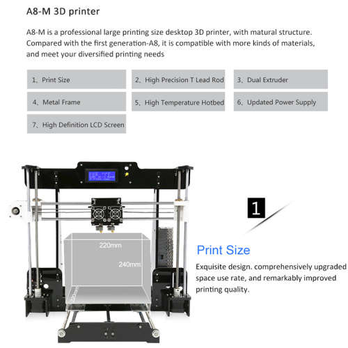 Anet A8 M DIY 3D Printer Kit - Dual Nozzles, Online & Offline Printing, 40-120mm/s Print Speed, High