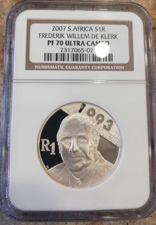 2007 PROOF 70 ULTRA CAMEO PROTEA  FW DE KLERK SILVER 1 RAND  COIN.