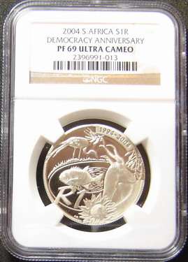 ULTRA RARE 10 YEARS DEMOCRACY SILVER ONE RAND PROOF 69 ULTRA CAMEO .