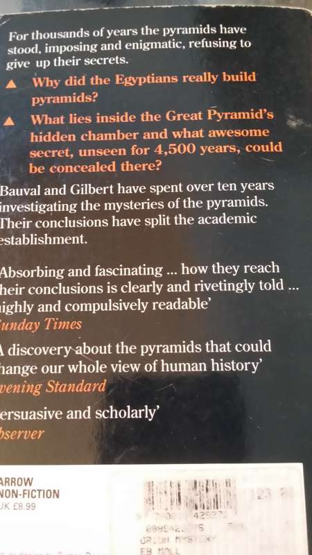 BOOKS : The Orion Mystery - Unlocking the secrets of the Pyramids Robert  Bauval , Adriaan Gilbert
