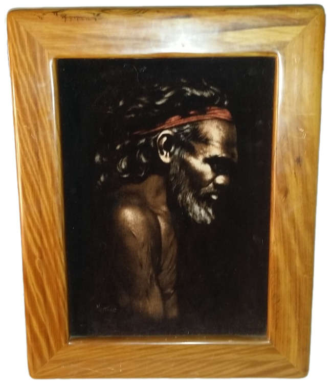 Art -  Vintage Australian Aboriginal Portrait Painting Oil on Black Velvet, Painting of  Aboriginal