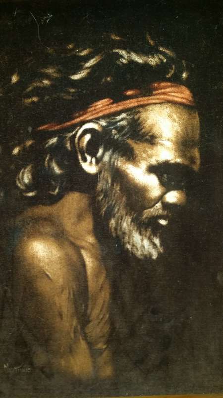 Art -  Vintage Australian Aboriginal Portrait Painting Oil on Black Velvet, Painting of  Aboriginal