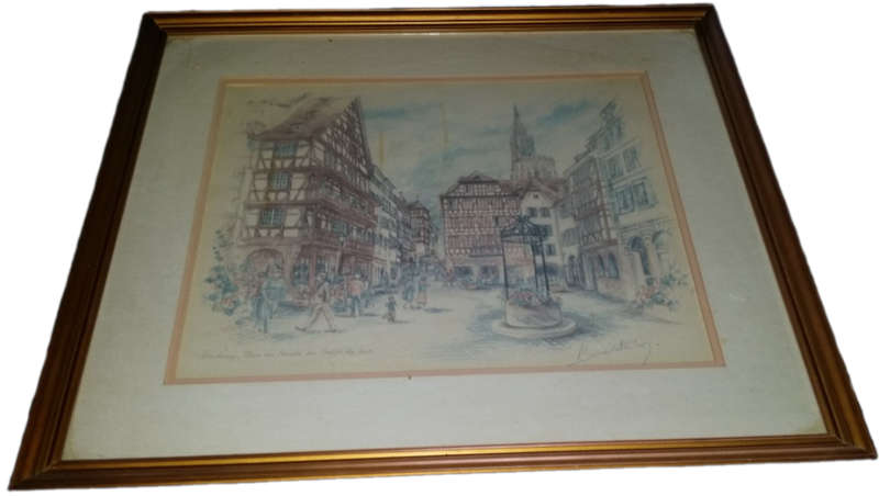 Art -  Vintage Scene Strasbourg Signed 53 x 46 cm