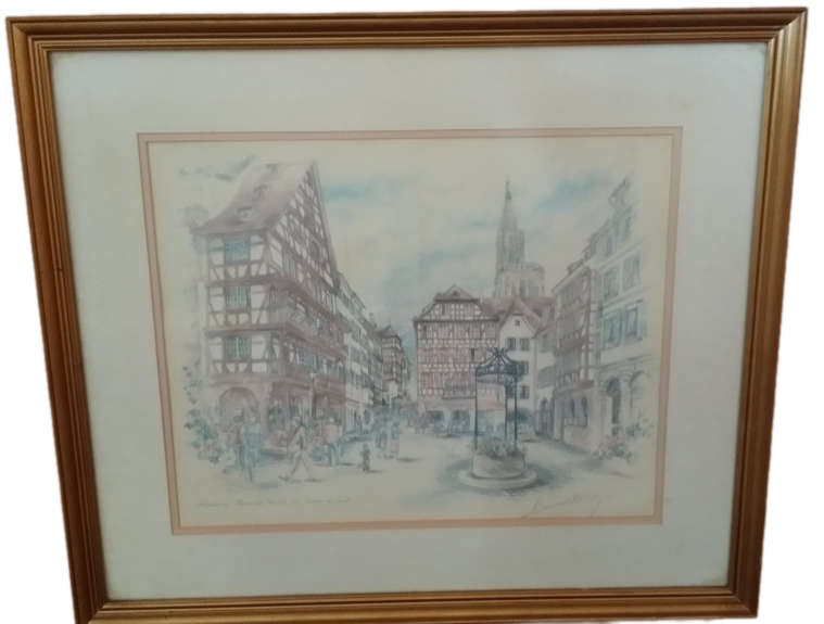 Art -  Vintage Scene Strasbourg Signed 53 x 46 cm