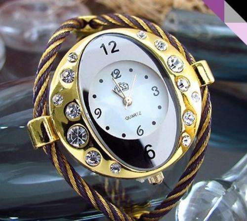 White Fine Topaz 18K Yellow Golden Plated Purple Bangle Cuff Watch