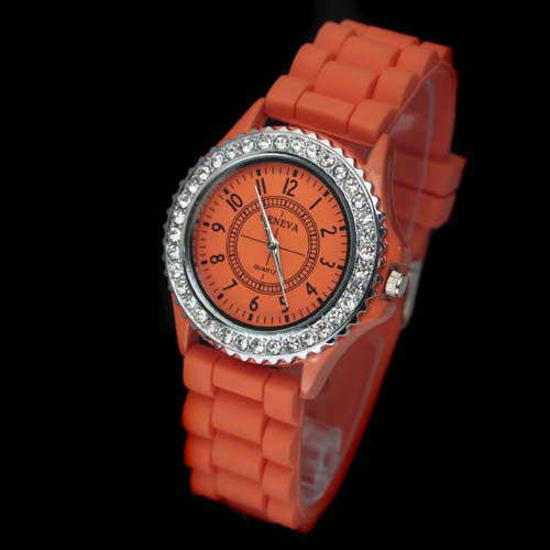 Crystals Girls / Ladies Orange Silicone Wrist Watch (Stainless Steel Back)
