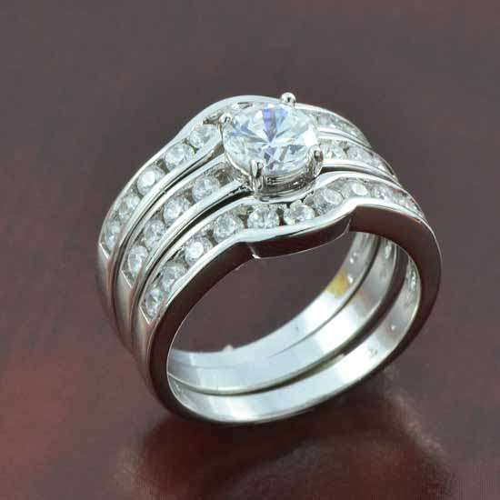 9ct WGF With Created Gemstones 3-Rings Wedding Engagement Set, Size 8 (NOT Gold Plated)