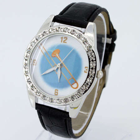 Trombone Quartz Wristwatch Black Leather Strap with CZ stones