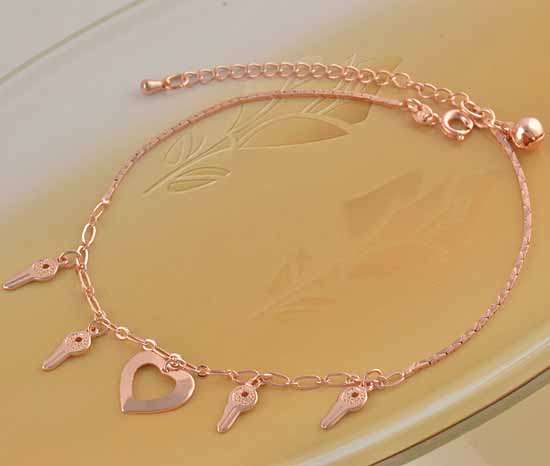 Lovely 9ct Rose GF Key & Heart Charms Anklet or Bracelet (NOT Gold Plated)