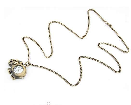 Lovely! Vintage Bronze Elephant Pocket Watch Pendant & Necklace