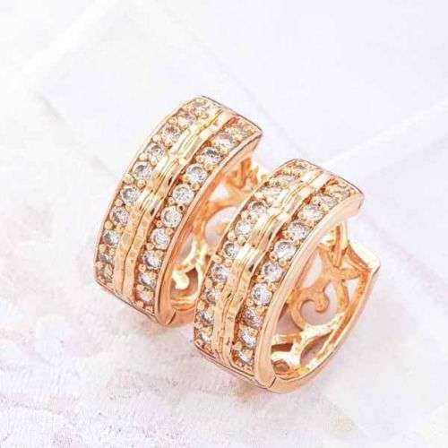 EXQUISITE!9ct Rose GF Hoop Earrings With Cubic Zirconia Stones 16mm x 6mm(NOT Fusion Or Plated)