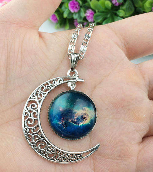 Colourful Galaxy Glass Hollow Moon Shape Necklace & Pendant