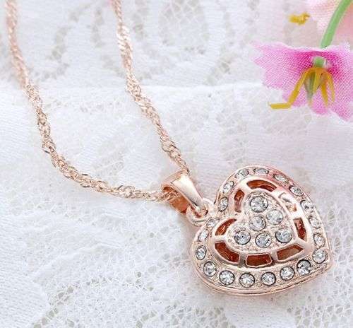 ELEGANT!9ct Rose Gold Filled Chain & Heart Pendant With Cubic Zirconia Stones(NOT Fusion Or Plated)!