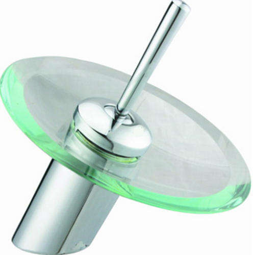 Round Clear Glass Disc Waterfall Style Bathroom Basin Mixer Taps
