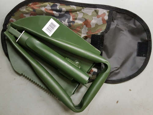 Foldable spade in pocket. Great for camping! Please read listing!