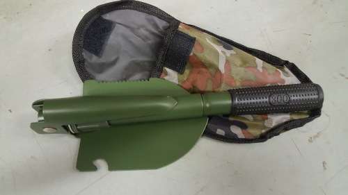Small Foldable spade in pocket. Great for camping! Please read listing!