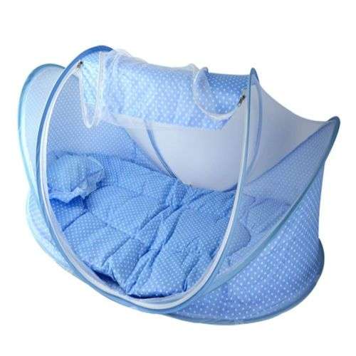 Big portable baby bed/tent with mosquito net. Pink/Blue polka dot.