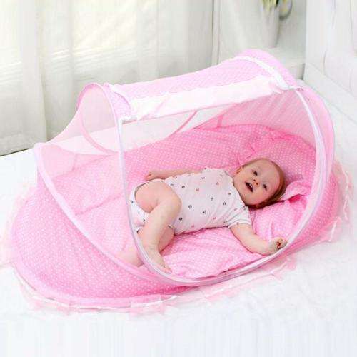 BIG portable baby bed with mosquito net. Pink/Blue polka dot.