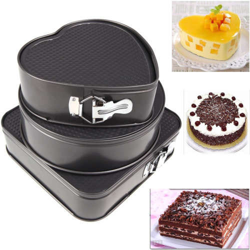 3 PIECE various shapes spring form cake mould set.