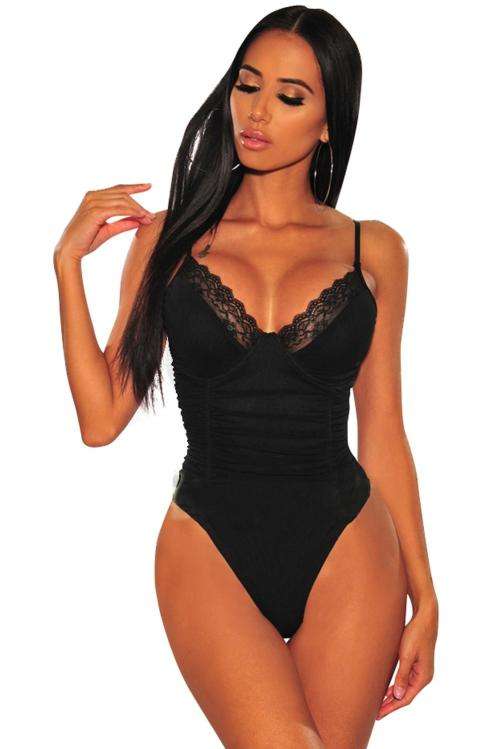 Black Bustier Lace Ruched Bodysuit (Size M)